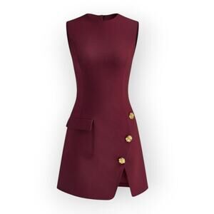 Commense Burgundy Golden Rose Button Pocket Split Dress – S